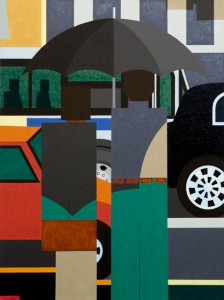 Woman and Man, Beneath an Umbrella, Standing at the Curb;  2004; oil on canvas; 40 x 30 inches